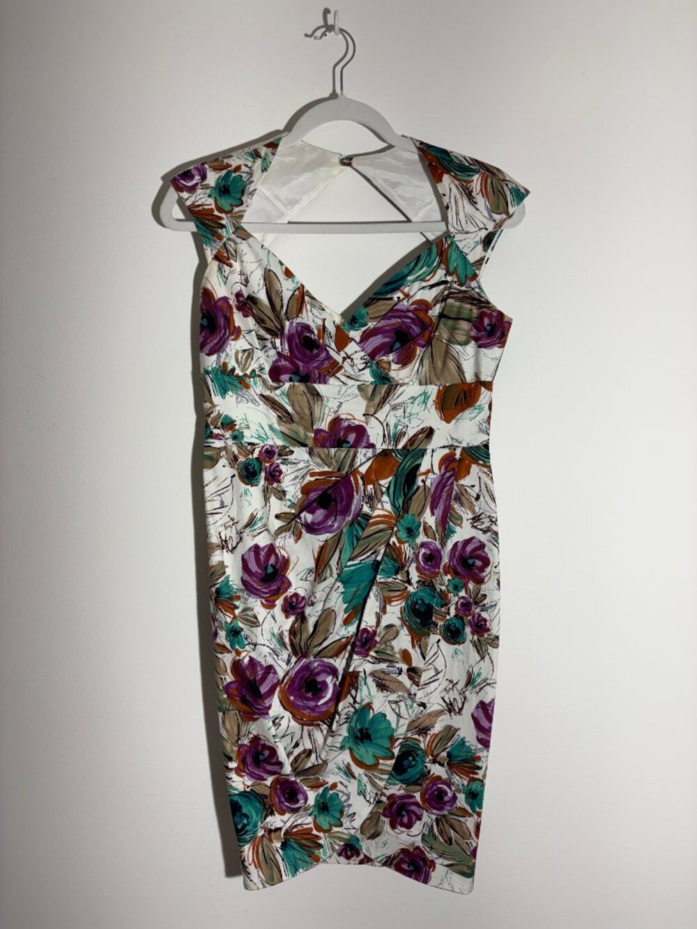 Vintage 90s Maggy L London Floral Cutout Back Wrap Sheath Dress Size 6P
